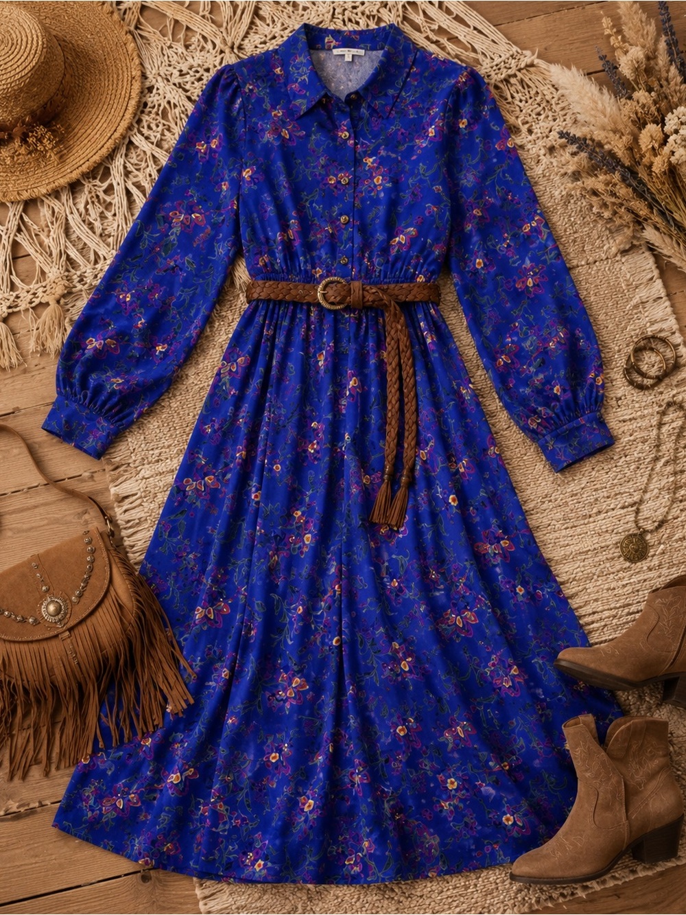 Vintage Liz Claiborne Floral Collared Long Sleeve Midi Dress size 4